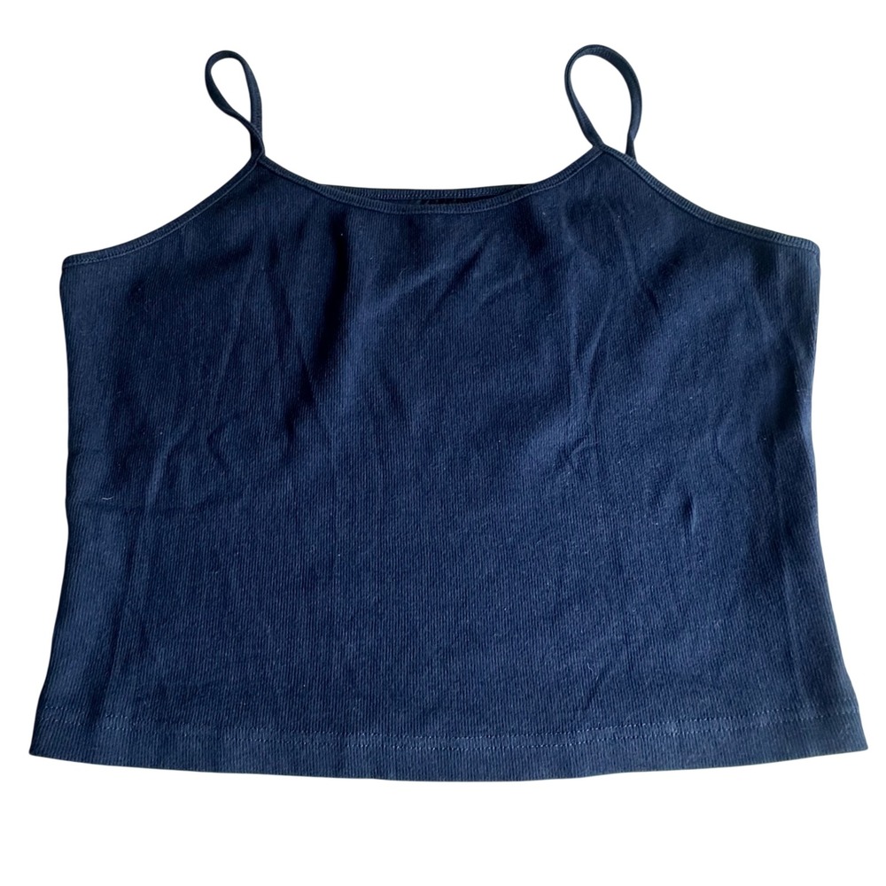 Fancy Homebody Women's Ribbed Cropped Cami Tank Top Navy Blue Spaghetti Strap XL